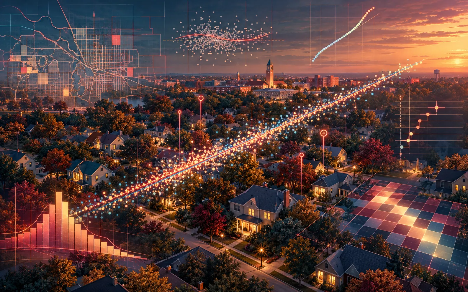 Illustrated aerial view of a college-town neighborhood at sunset, overlaid with a scatter trend line, a histogram and heatmap tiles