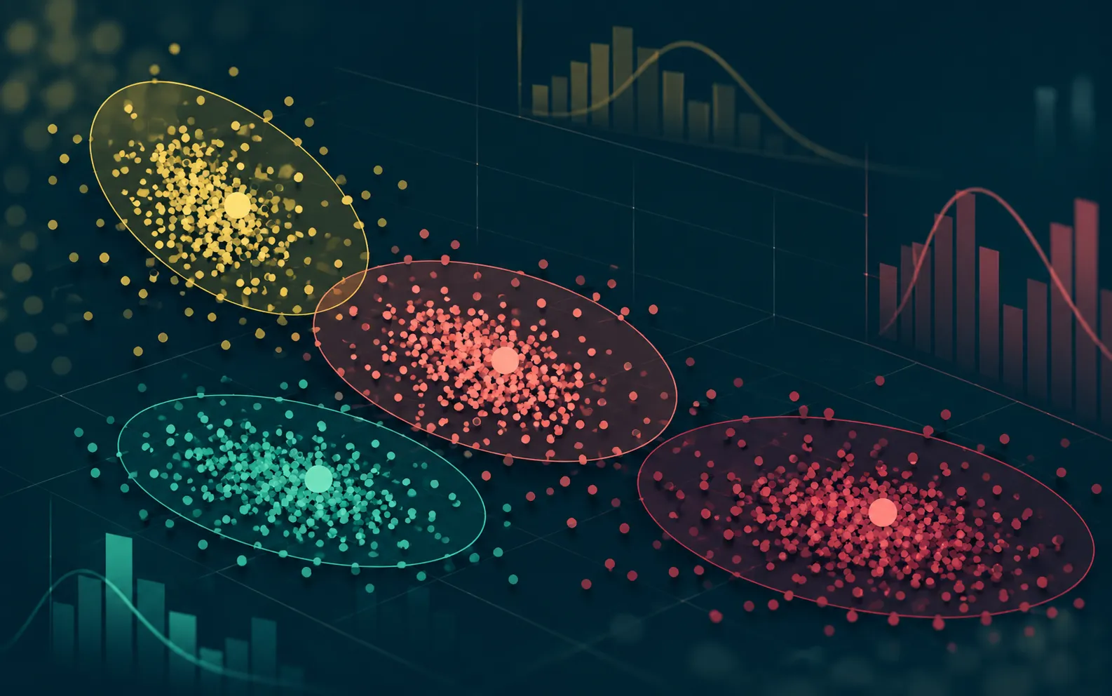 Illustrated customer clusters as four colored point clouds with centroids, beside faint histograms