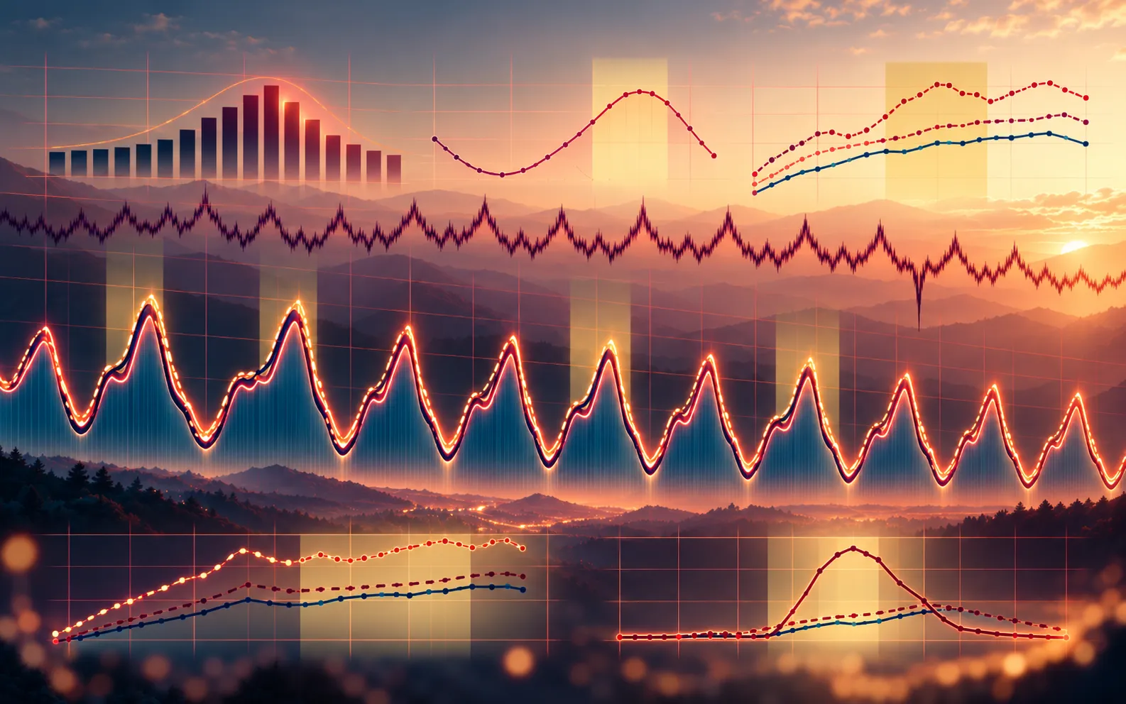 Illustrated electricity demand curves over a California landscape at dusk