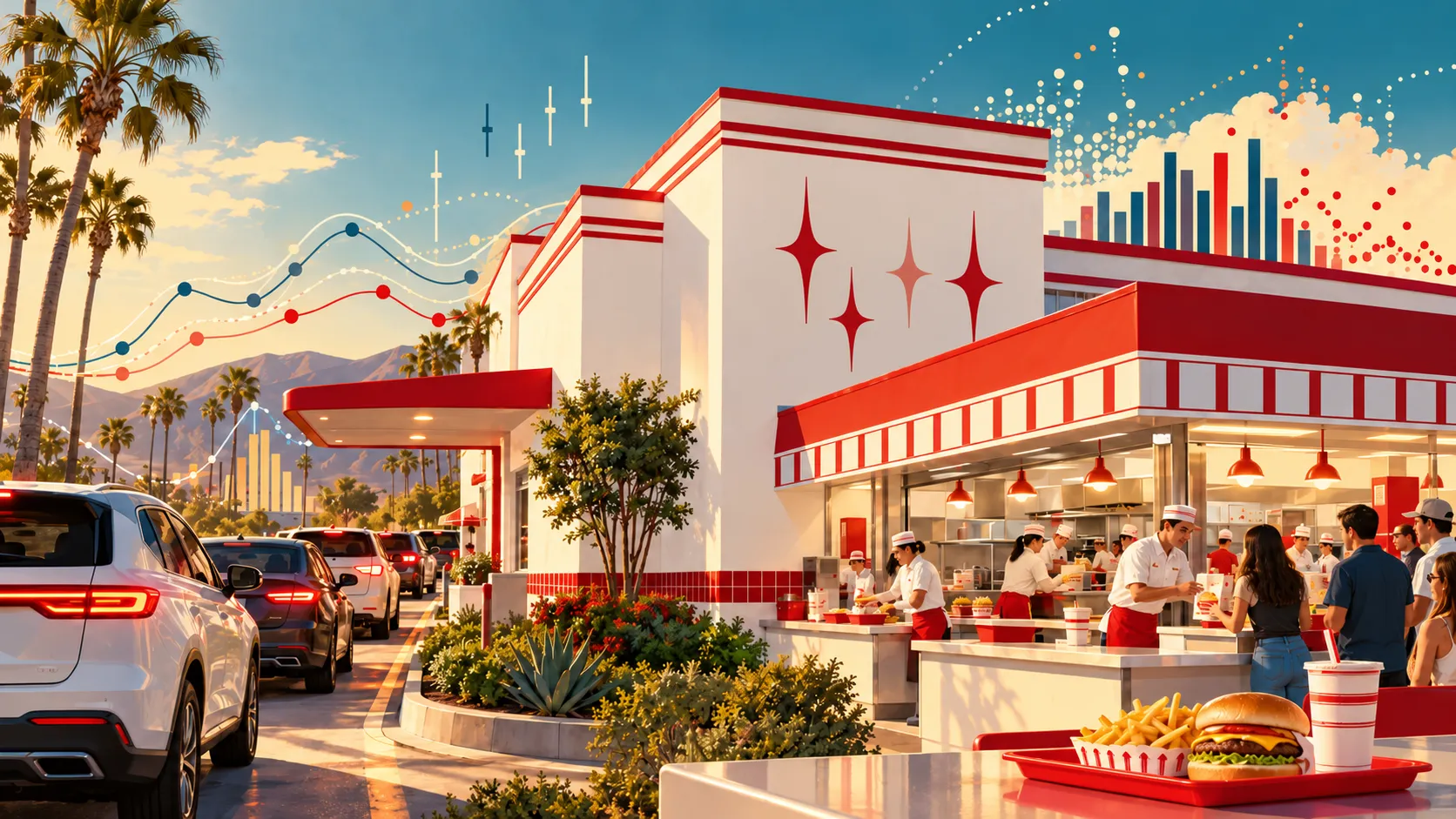 Illustrated In-N-Out restaurant with a drive-thru line and busy counter, overlaid with line and bar charts