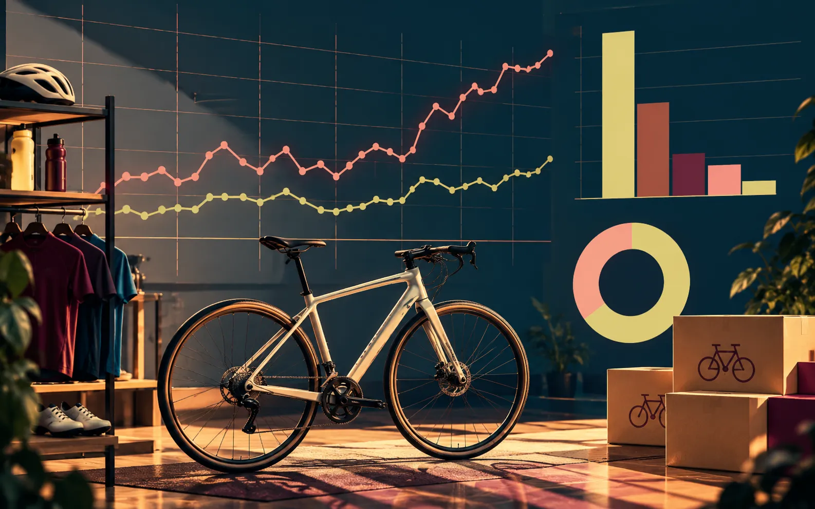 Illustrated bike shop with a road bike, shipping boxes and apparel, overlaid with line, bar and donut charts