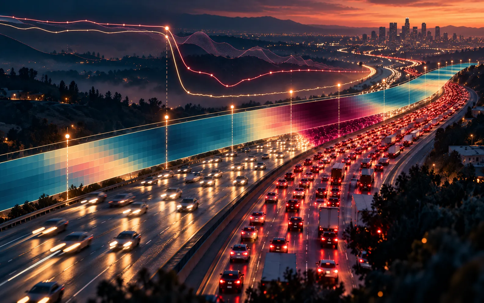 Illustrated freeway at dusk, with free-flowing lanes beside congested ones under a speed heatmap ribbon